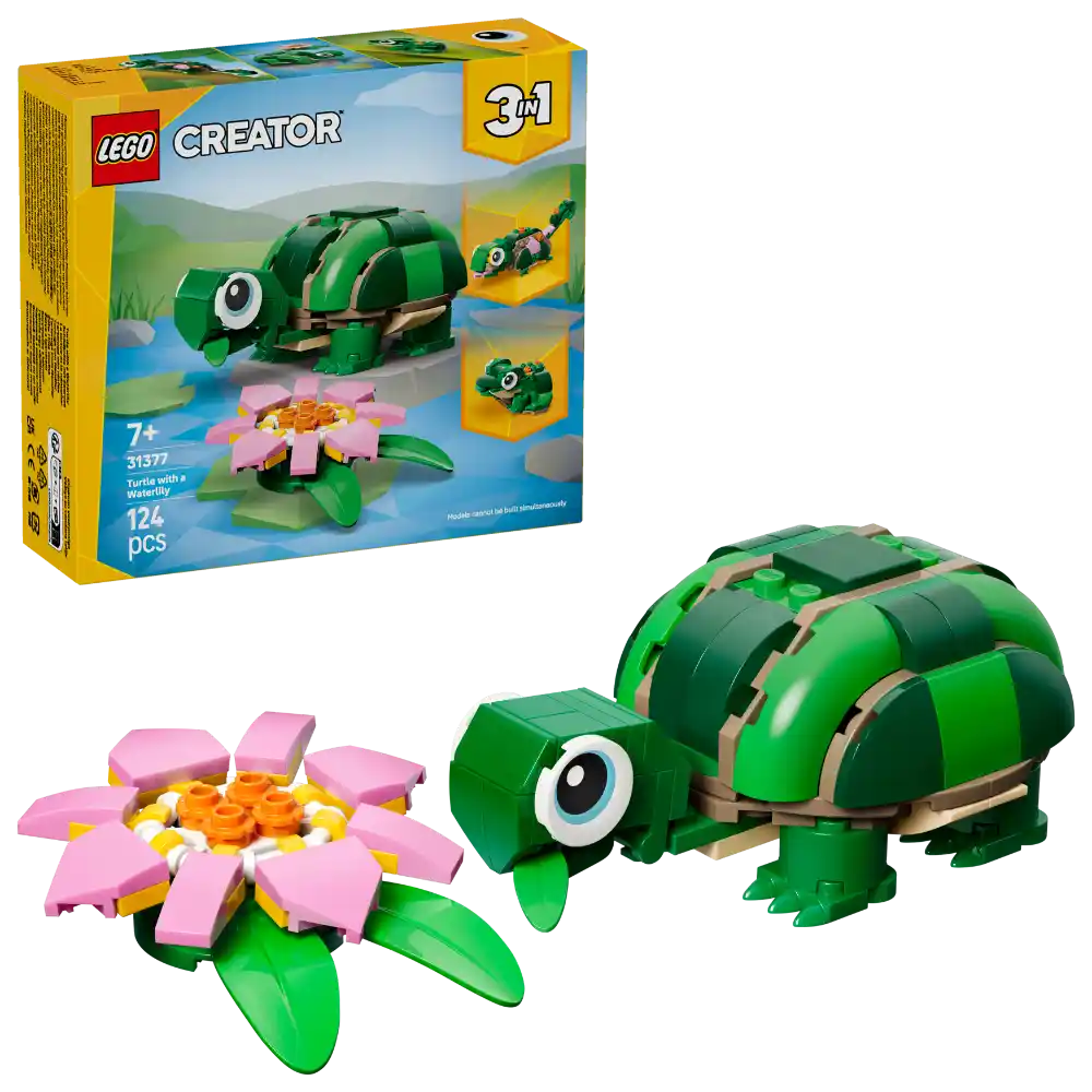 LEGO Creator 3-in-1 set 31377 showing green turtle with tan shell straps and pink water lily flower with yellow center, displayed with original yellow and blue box packaging