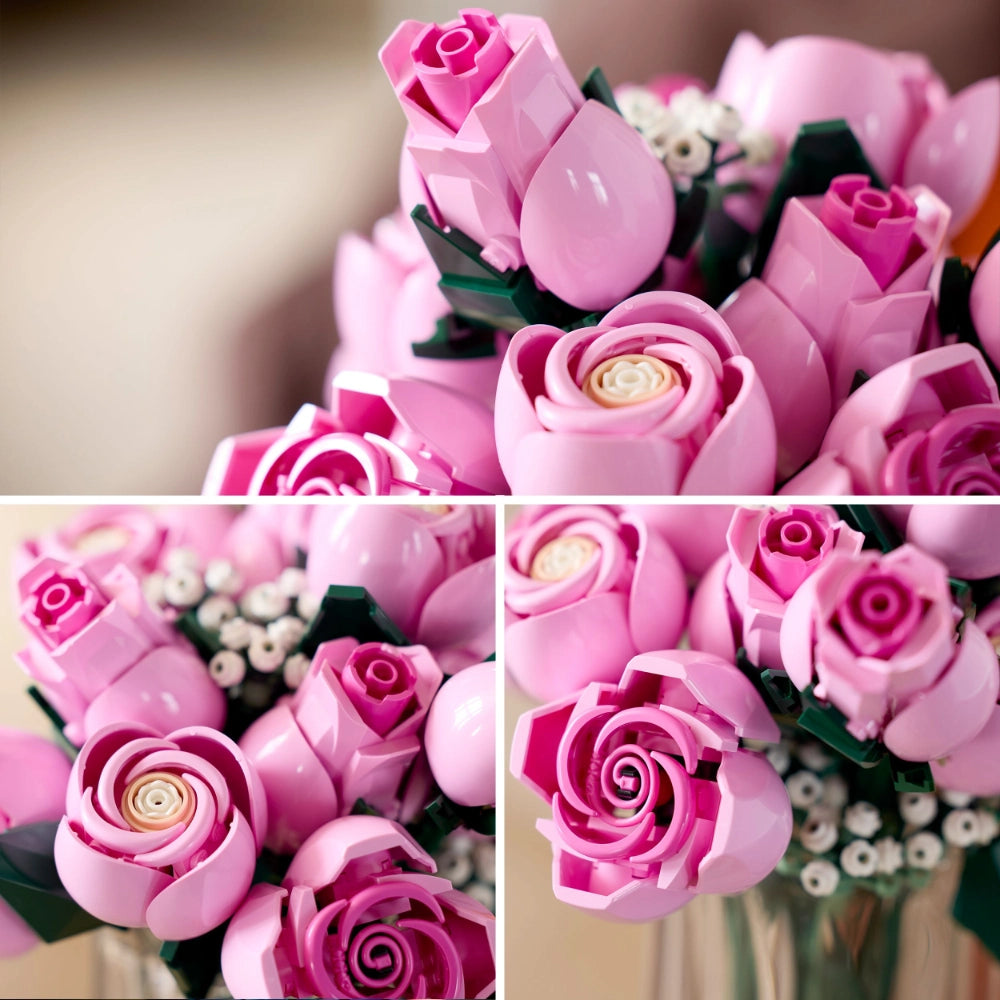 LEGO Bouquet of Pink Roses 10374 featuring interlocking plastic rose flowers in shades of pink and magenta with green stems, white baby's breath accents, and black leaves displayed from multiple angles showing detailed construction and realistic floral design