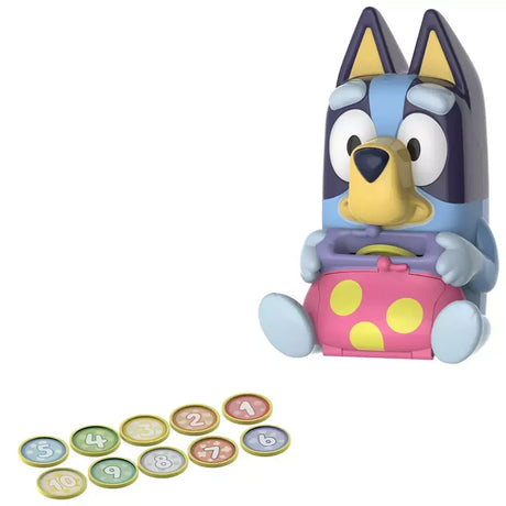 Toy figure of a cartoon character with number cards on a white background