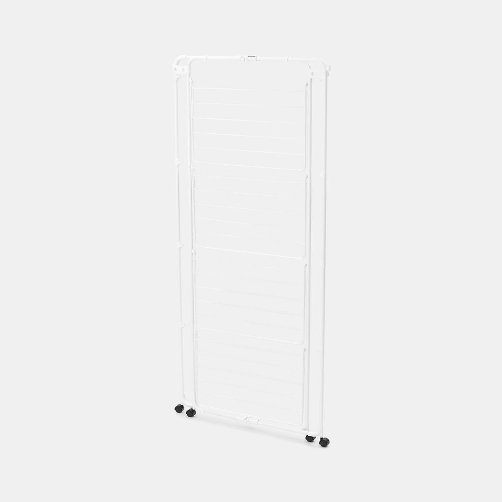 Brabantia Hang On Tower Clothes Airer in white with black caster wheels, featuring multiple horizontal drying rails for air drying laundry, shown against a neutral background