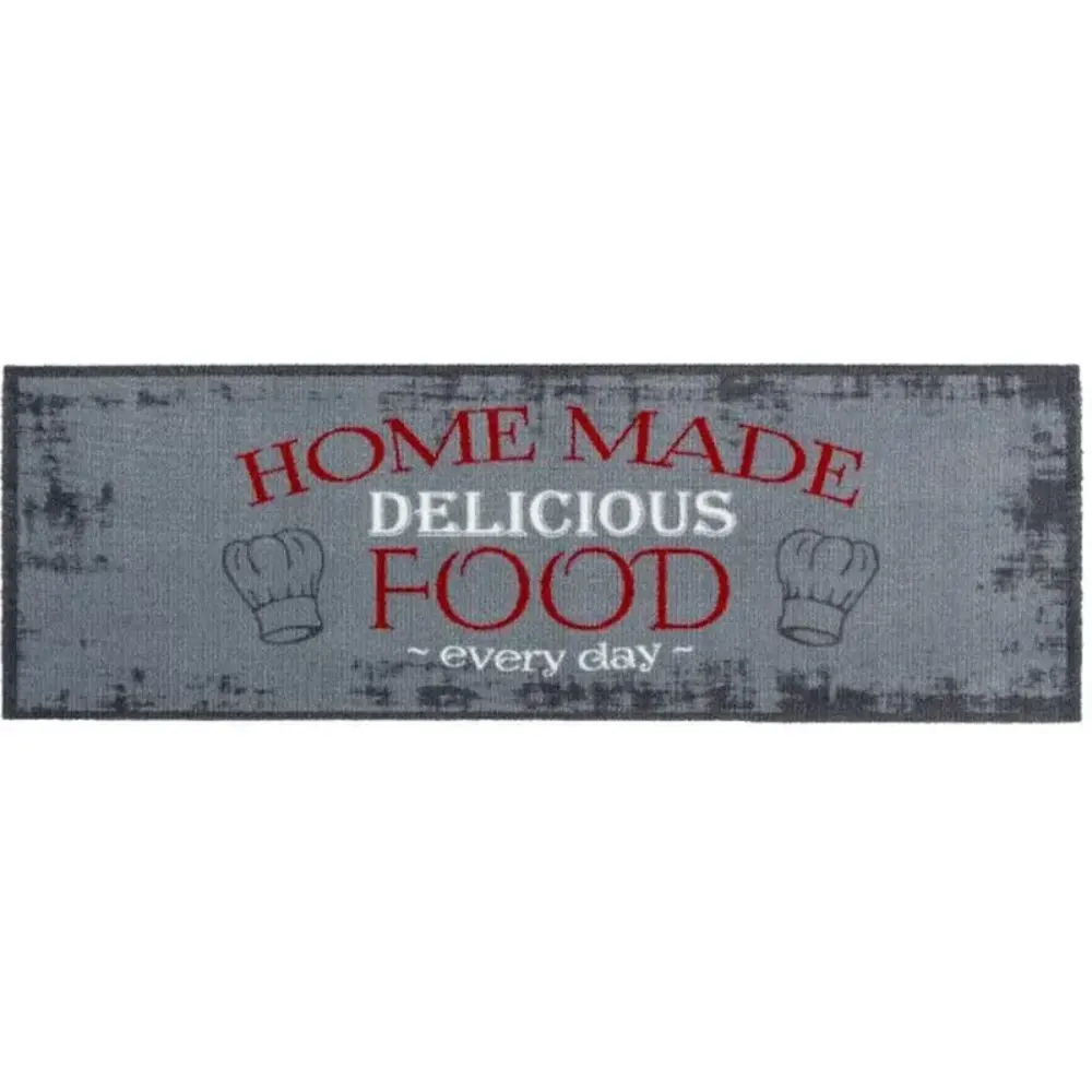 Gray distressed runner mat with red and white text reading Home Made Delicious Food every day, featuring two chef hat icons on either side, 50cm x 150cm kitchen floor mat
