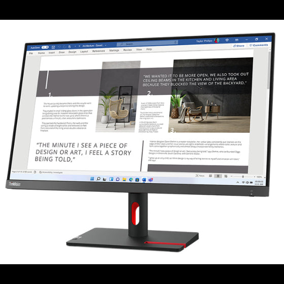 Lenovo ThinkVision S27i-30 27 inch Full HD monitor displaying interior design website with black stand and red accent, shown from front angle against white background
