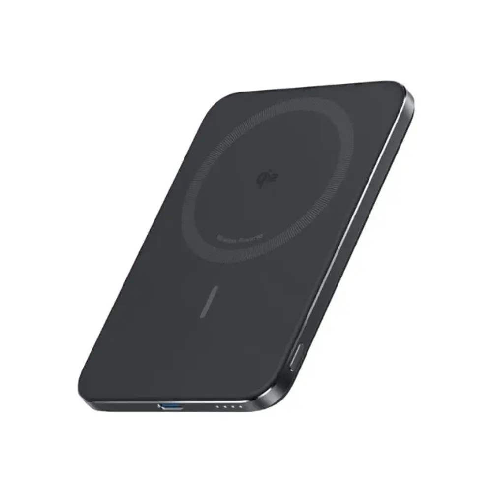 Anker Nano 5000mAh black slim wireless power bank with magnetic alignment and USB-C port shown at an angle