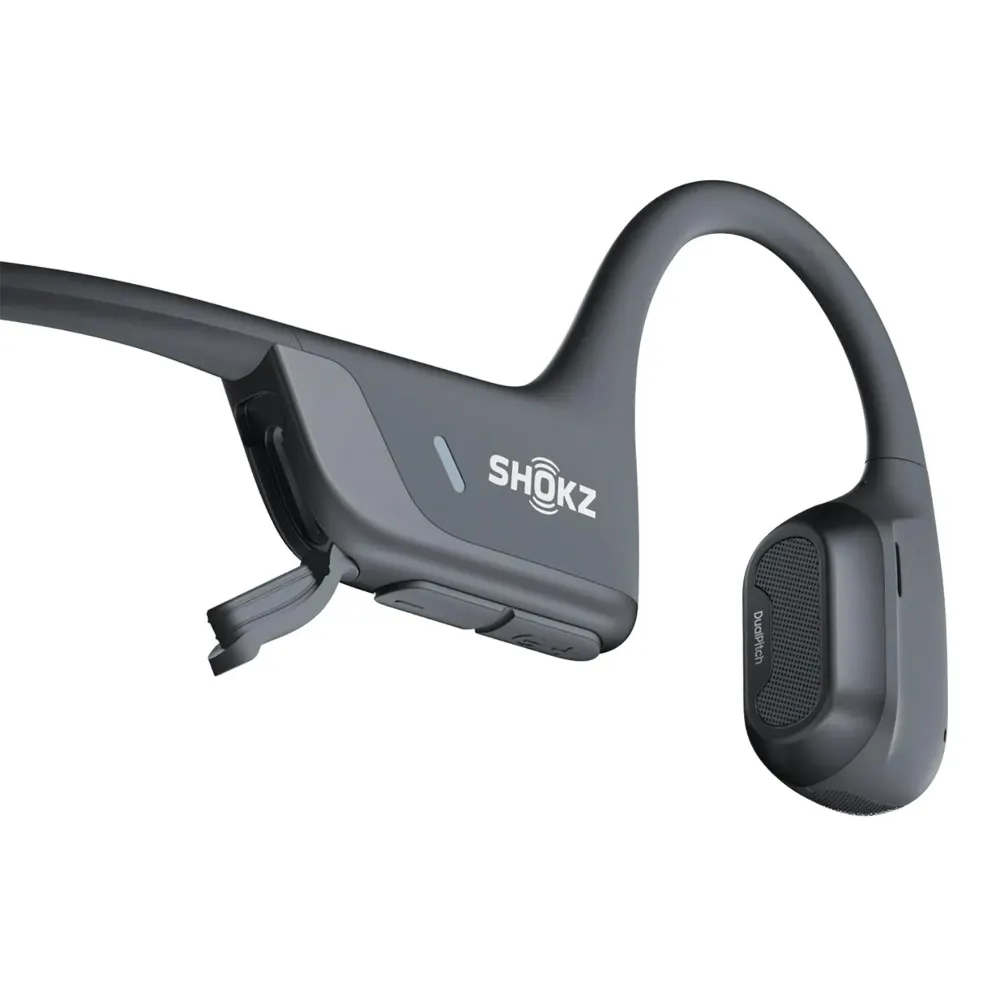 Black Shokz OpenRun Pro 2 Mini open-ear wireless headphones with bone conduction technology, featuring a curved neckband design and speaker mesh detail, displayed against a white background