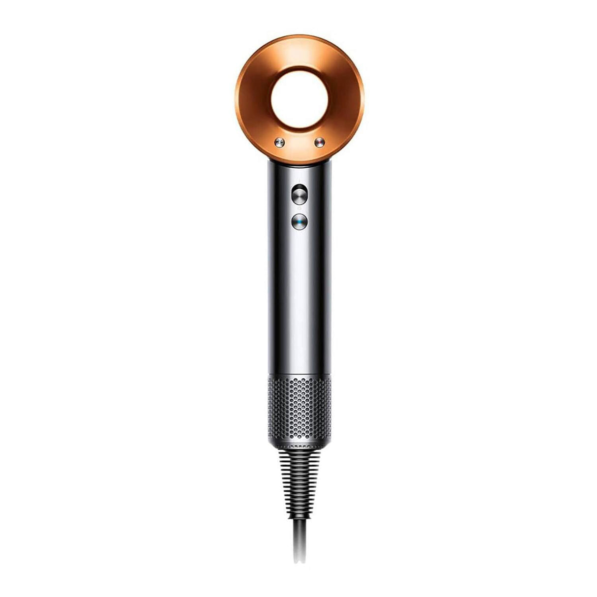 Dyson Supersonic Origin Hair Dryer in nickel and copper with perforated grip handle and circular copper air ring attachment head