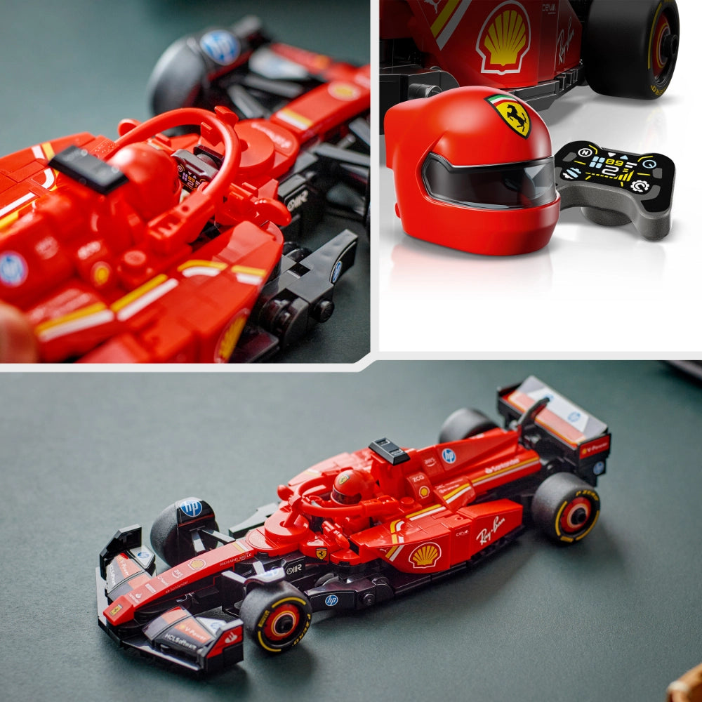 LEGO Ferrari SF-24 Formula 1 race car set 77242 showing red and black brick model from multiple angles including detailed cockpit view, red racing helmet with Ferrari shield logo, and complete assembled F1 car with yellow-trimmed tires on gray surface