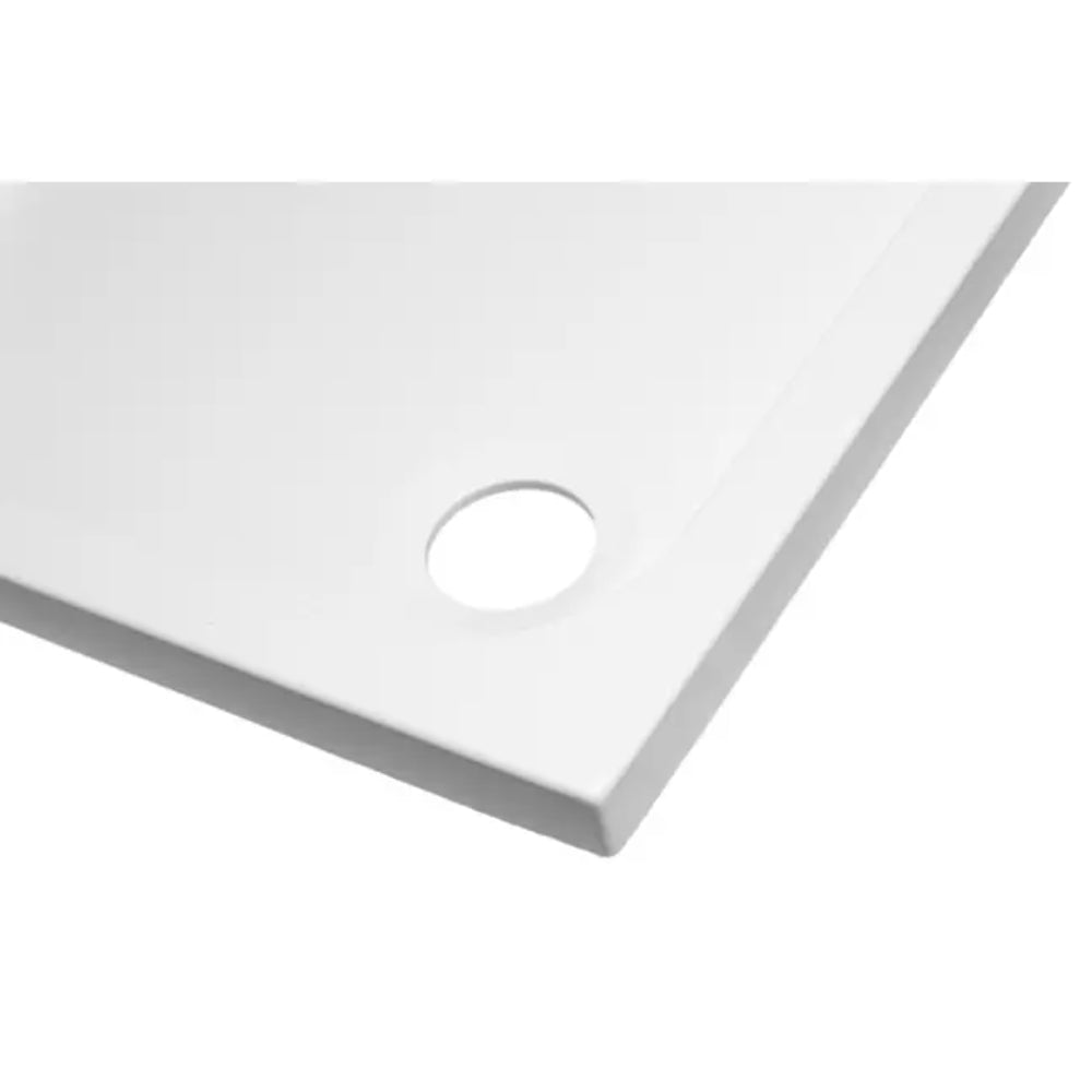 White rectangular shower tray with 50mm high edge and central circular drain hole, viewed from above at an angle showing the beveled edge detail