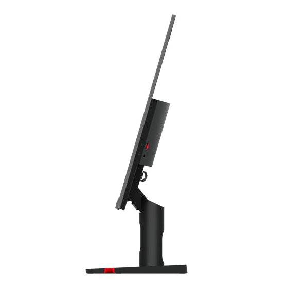 Lenovo ThinkVision S27i-30 27 inch Full HD monitor with black stand and frame, tilted display showing adjustable mounting bracket and red accent details
