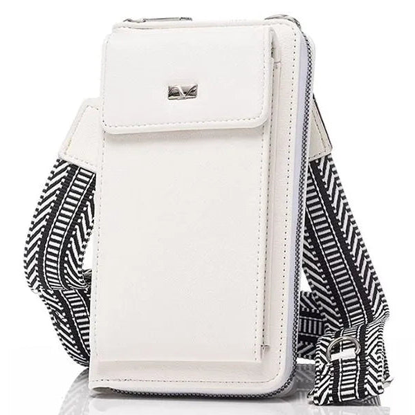 White leather crossbody phone bag with black and white geometric patterned shoulder strap, front flap pocket and silver hardware by Newgrange Living