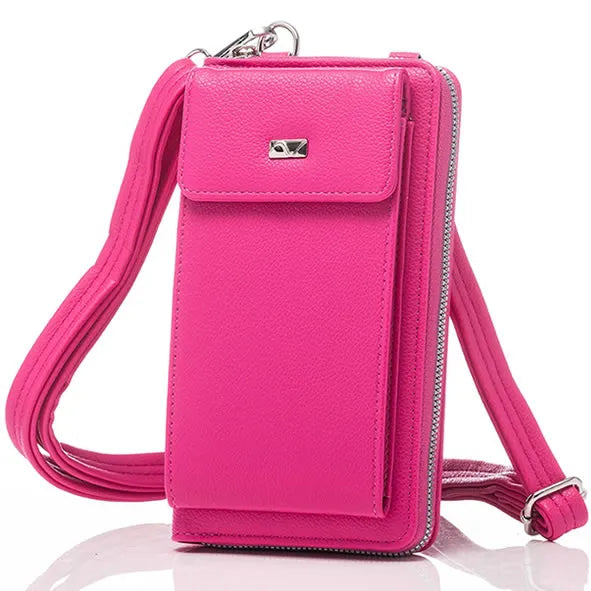 Newgrange Living Gia cerise pink leather crossbody purse and mobile phone bag with adjustable strap and silver hardware displayed against white background