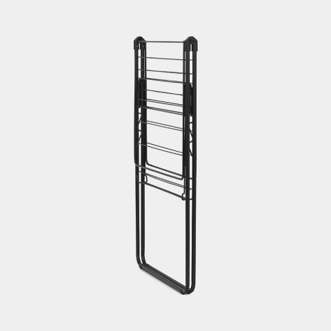 Black metal winged clothes airer with multiple horizontal drying rails in collapsed position, featuring curved legs and top handles, 15 metre drying capacity