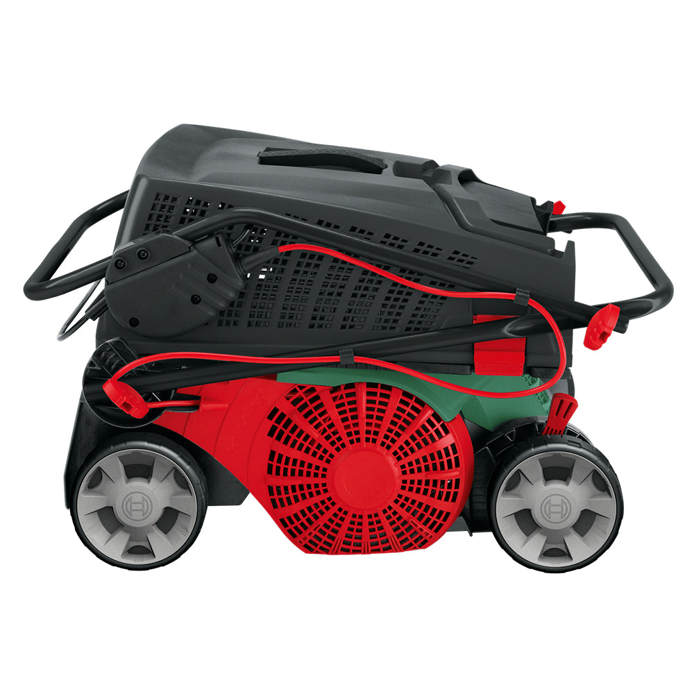Bosch Universal Verticut 1100W electric verticutter scarifier with red and black chassis, gray wheels, black handles, and coiled red power cable on white background