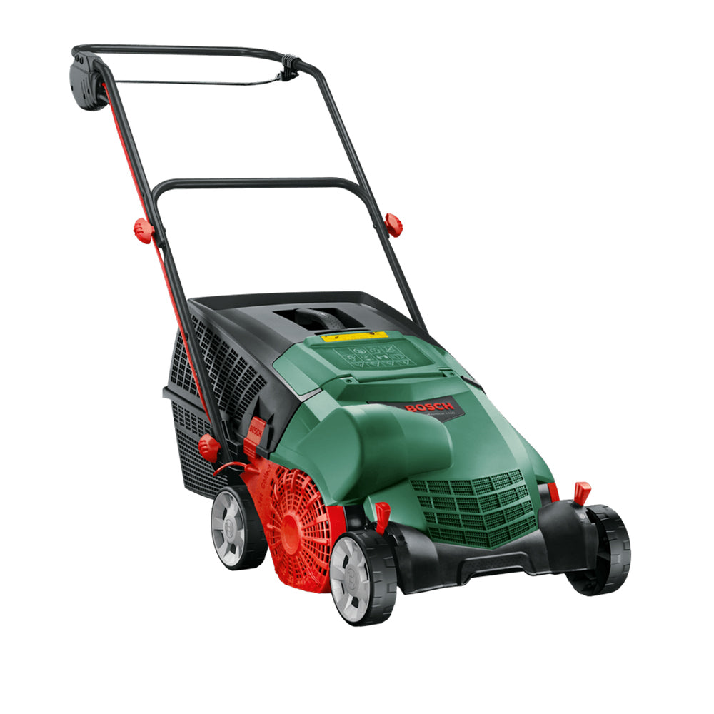 Bosch Universal Verticut green and red electric verticutter scarifier with black frame and wheels, front angled view on white background