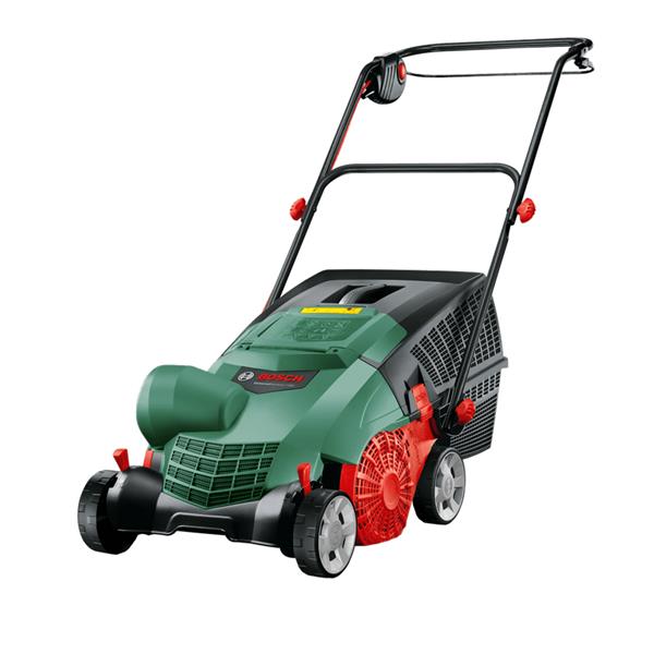 Bosch Universal Verticut 1100W electric verticutter scarifier with green and black body, red fan blades and handles, shown at an angle against white background