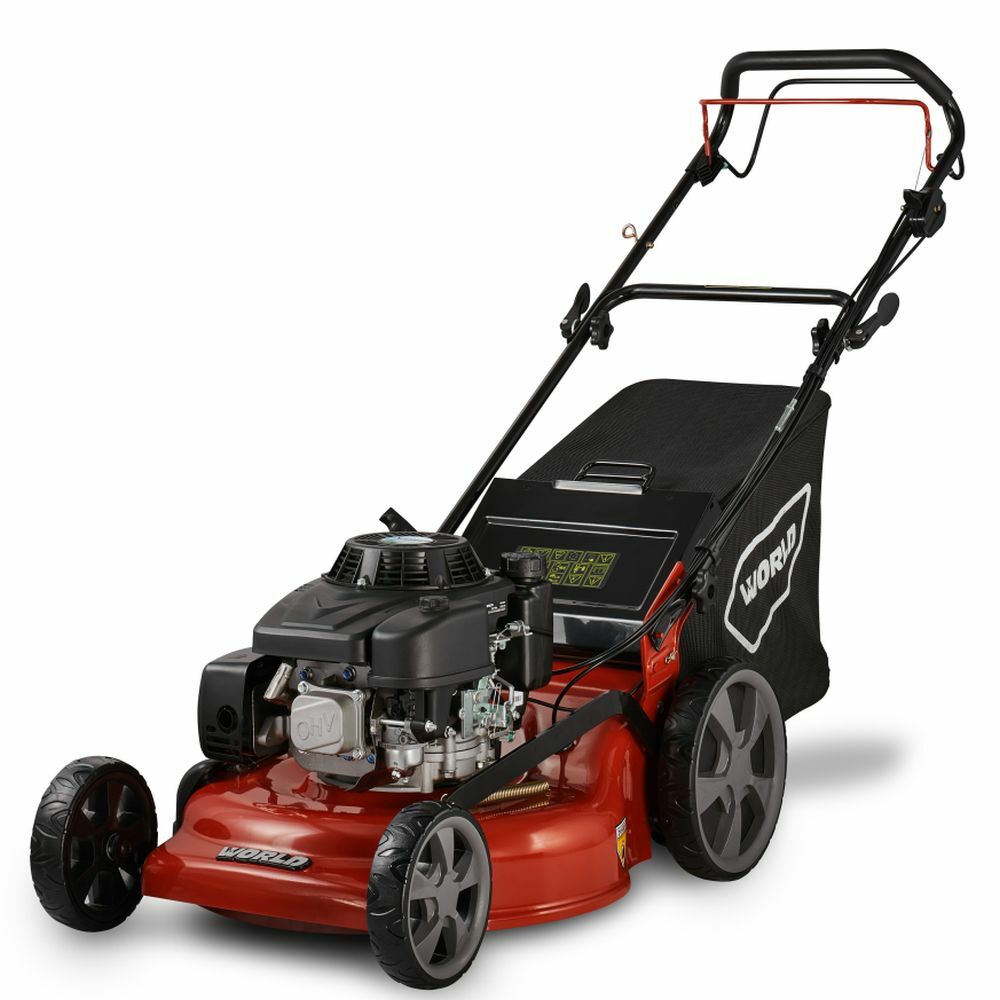 Red and black World 4-in-1 self-propelled petrol lawnmower with 56cm cutting deck and 196cc engine, featuring black handles, gray wheels, and visible Briggs & Stratton motor on white background