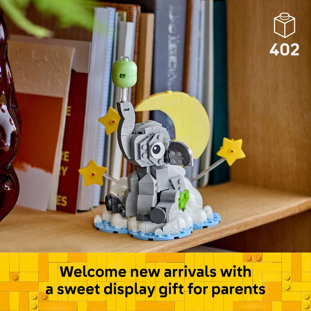 LEGO Iconic Baby Elephant in the Sky 40814 - captioned product view. 402 pieces. Ages 18+.