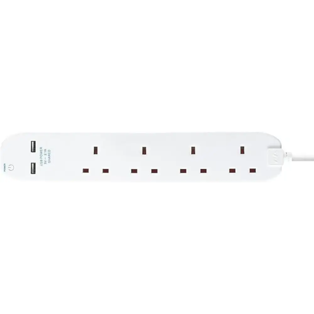 White Masterplug extension lead with 4 AC power sockets and 2 USB charging ports, 1 metre cable, top view showing socket layout and power switch
