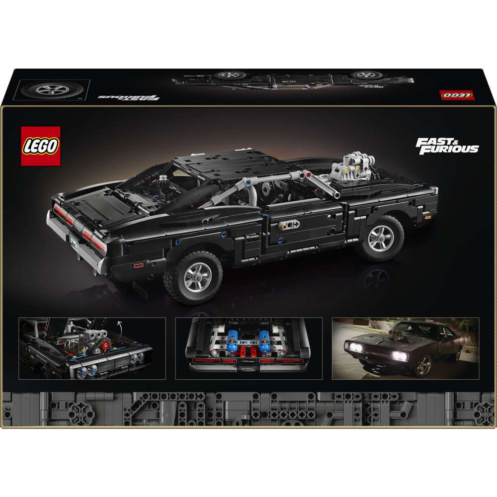 LEGO Technic Fast and Furious Dodge Charger R/T Car 42231 - the back of the box showing play features and box contents. 1516 pieces. Ages 18+.