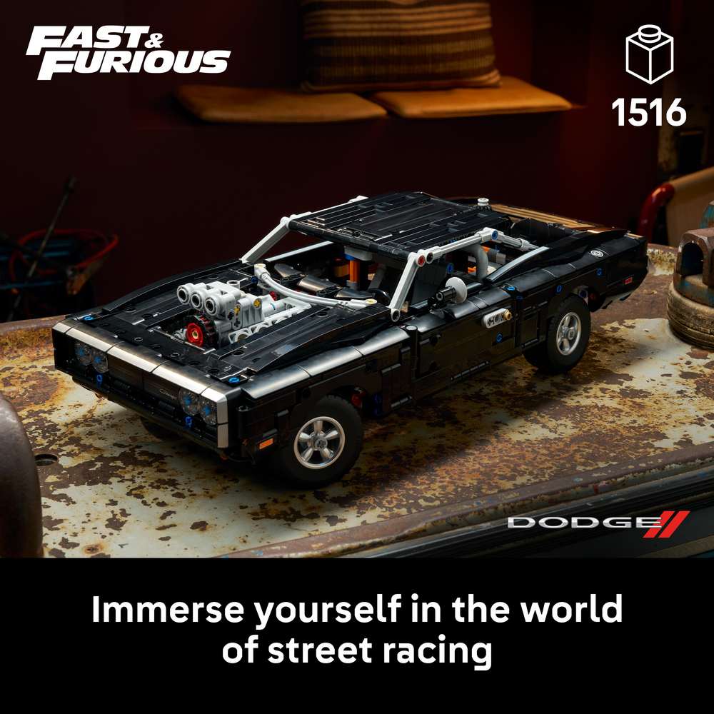 LEGO Technic Fast and Furious Dodge Charger R/T Car 42231 - captioned product view. 1516 pieces. Ages 18+.