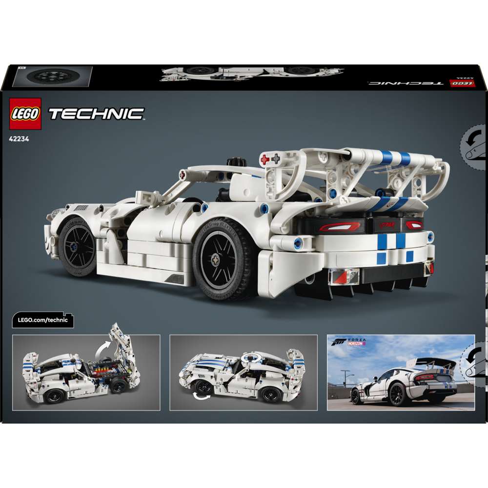 LEGO Technic Dodge Viper GTS-R Sports Car 42234 - the back of the box showing play features and box contents. 805 pieces. Ages 10+.
