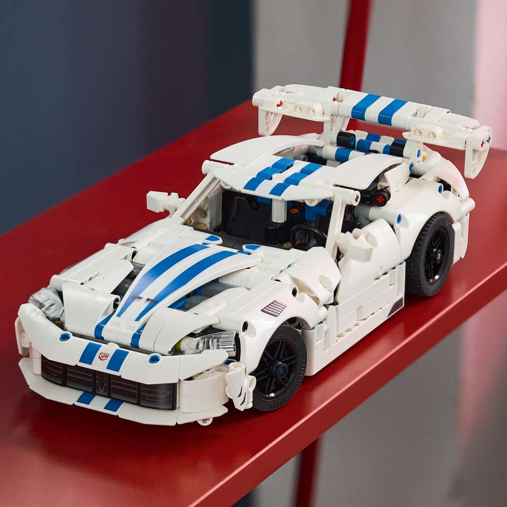 LEGO Technic Dodge Viper GTS-R Sports Car 42234 - the finished build shown in a home setting. 805 pieces. Ages 10+.
