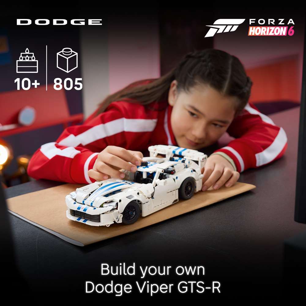 LEGO Technic Dodge Viper GTS-R Sports Car 42234 - captioned product view. 805 pieces. Ages 10+.