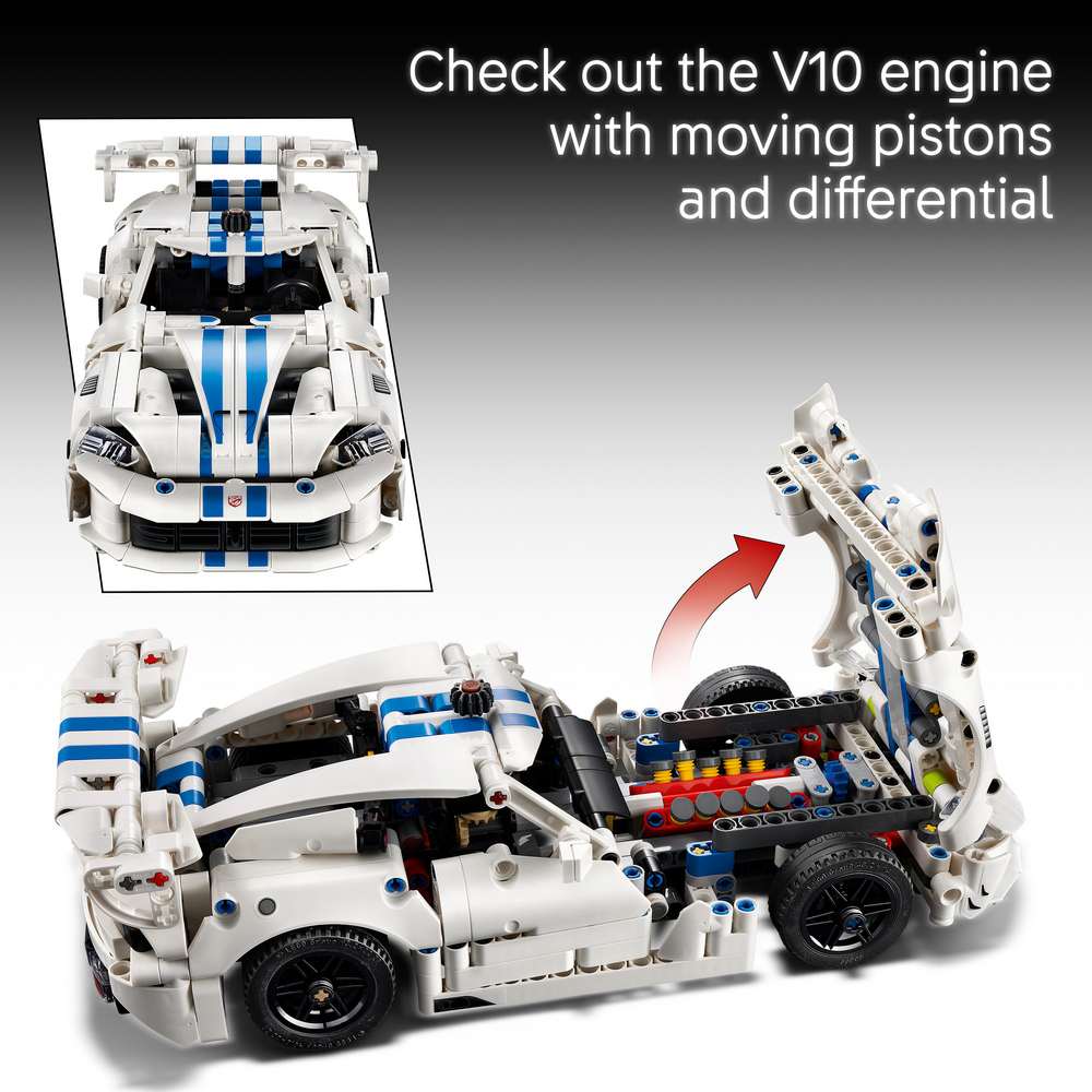 LEGO Technic Dodge Viper GTS-R Sports Car 42234 - captioned product view. 805 pieces. Ages 10+.