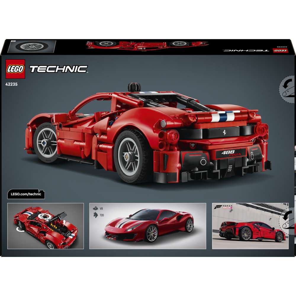 LEGO Technic Ferrari 488 Pista Car 42235 - the back of the box showing play features and box contents. 882 pieces. Ages 9+.