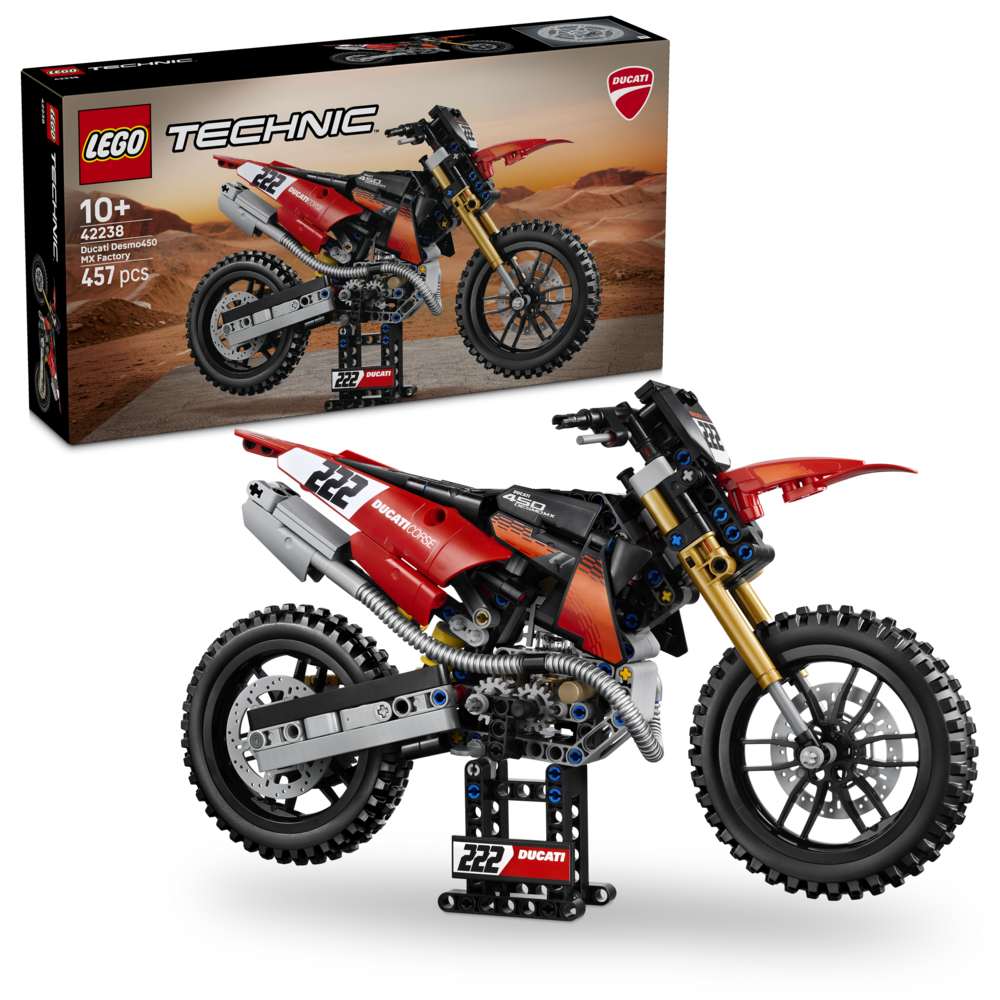 LEGO Technic Ducati Desmo450 MX Factory Motorcycle 42238 - shown with its product box. 457 pieces. Ages 10+.