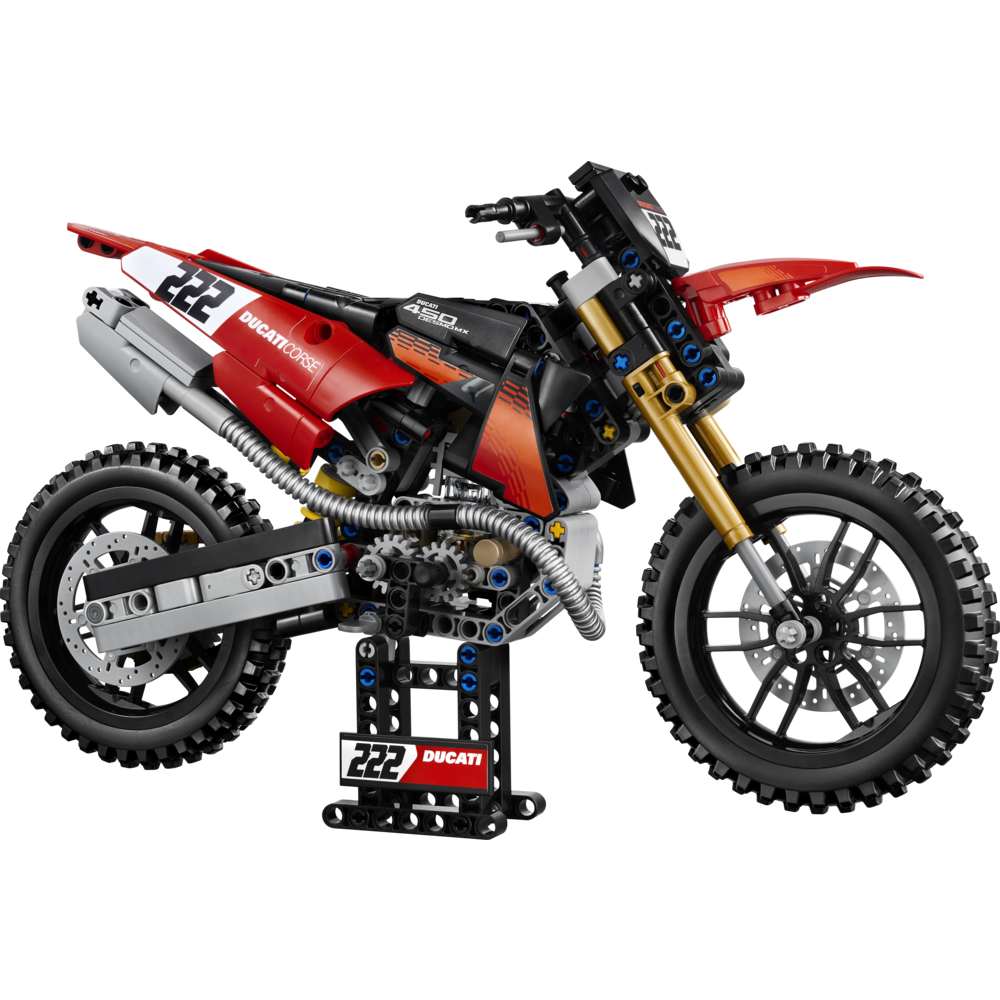 LEGO Technic Ducati Desmo450 MX Factory Motorcycle 42238 - the fully built model on a plain background. 457 pieces. Ages 10+.