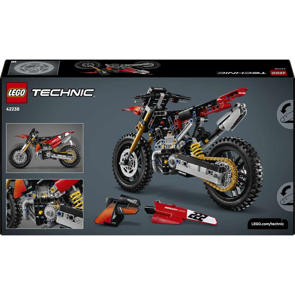 LEGO Technic Ducati Desmo450 MX Factory Motorcycle 42238 - the back of the box showing play features and box contents. 457 pieces. Ages 10+.