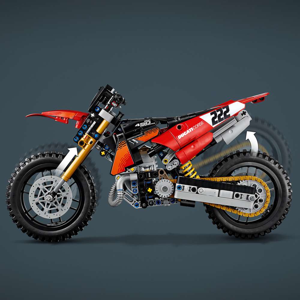 LEGO Technic Ducati Desmo450 MX Factory Motorcycle 42238 - close-up detail of the finished build. 457 pieces. Ages 10+.