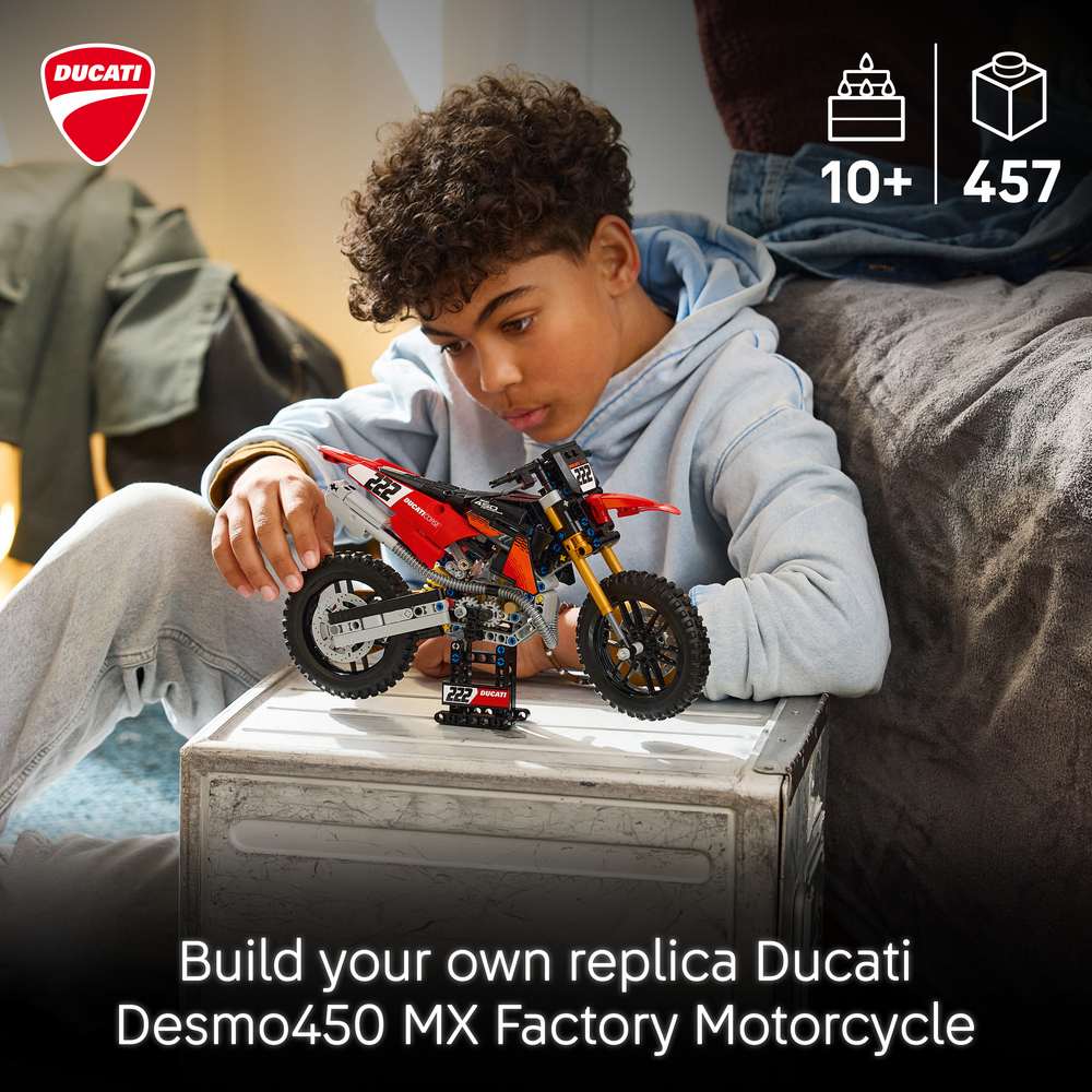 LEGO Technic Ducati Desmo450 MX Factory Motorcycle 42238 - captioned product view. 457 pieces. Ages 10+.
