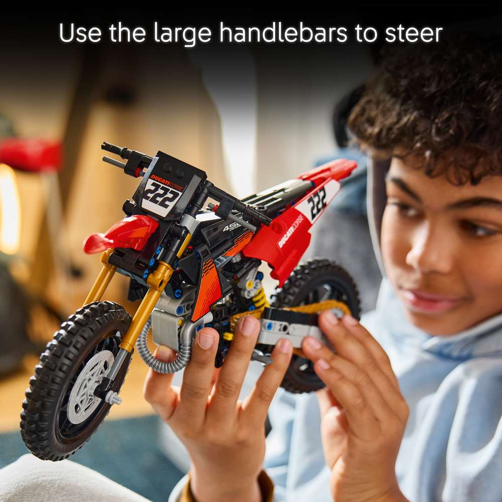 LEGO Technic Ducati Desmo450 MX Factory Motorcycle 42238 - captioned product view. 457 pieces. Ages 10+.