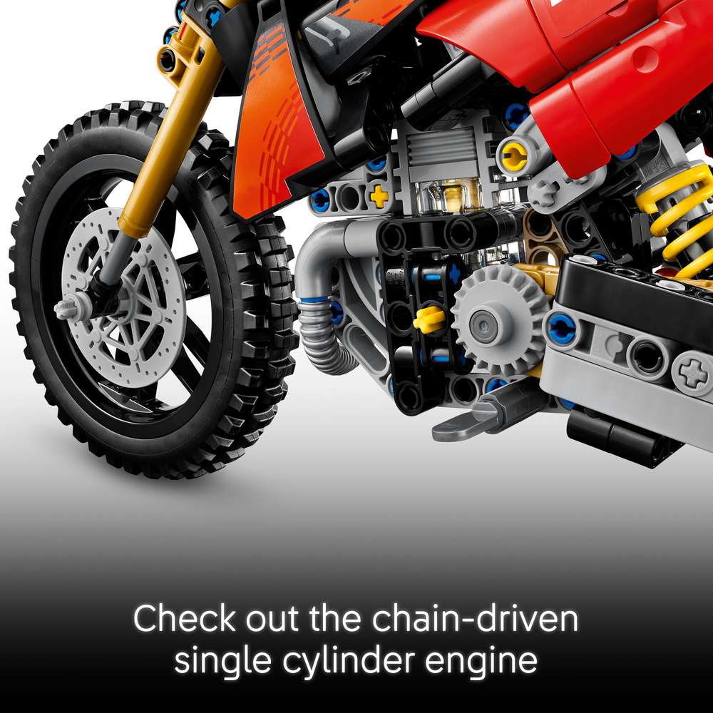 LEGO Technic Ducati Desmo450 MX Factory Motorcycle 42238 - captioned product view. 457 pieces. Ages 10+.
