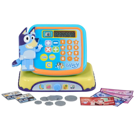 Colorful toy calculator with character design on a white background