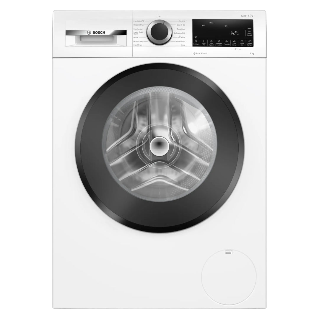 Bosch Series 6 white front-load washing machine with 9kg capacity, 1400 spin speed, featuring a black circular door with visible drum, digital display panel, and control dial on the top panel