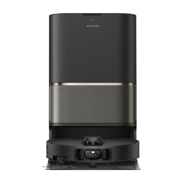 Dreame L50s Pro Ultra black robotic vacuum cleaner with stainless steel trim and docking station base, front view showing control panel and dust collection system