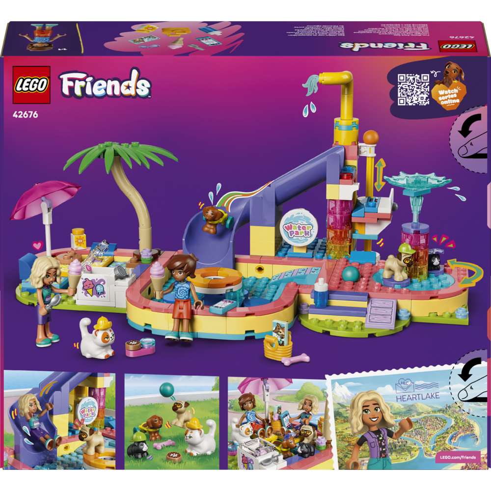 LEGO Friends Fun Water Park Day 42676 - the back of the box showing play features and box contents. 278 pieces. Ages 6+.