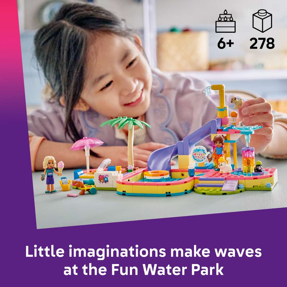 LEGO Friends Fun Water Park Day 42676 - captioned product view. 278 pieces. Ages 6+.