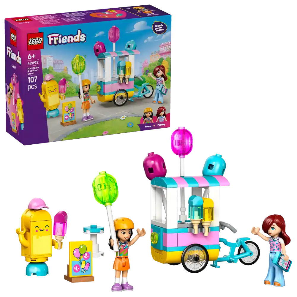 LEGO Friends Ice Cream and Balloon Stand 42692 set featuring colorful ice cream cart with pink turquoise and yellow panels, three decorative lollipop balloons in magenta lime and cyan, two minifigure characters, smiling ice cream cone figure, small market stand, bicycle and 107 pieces on purple packaging box