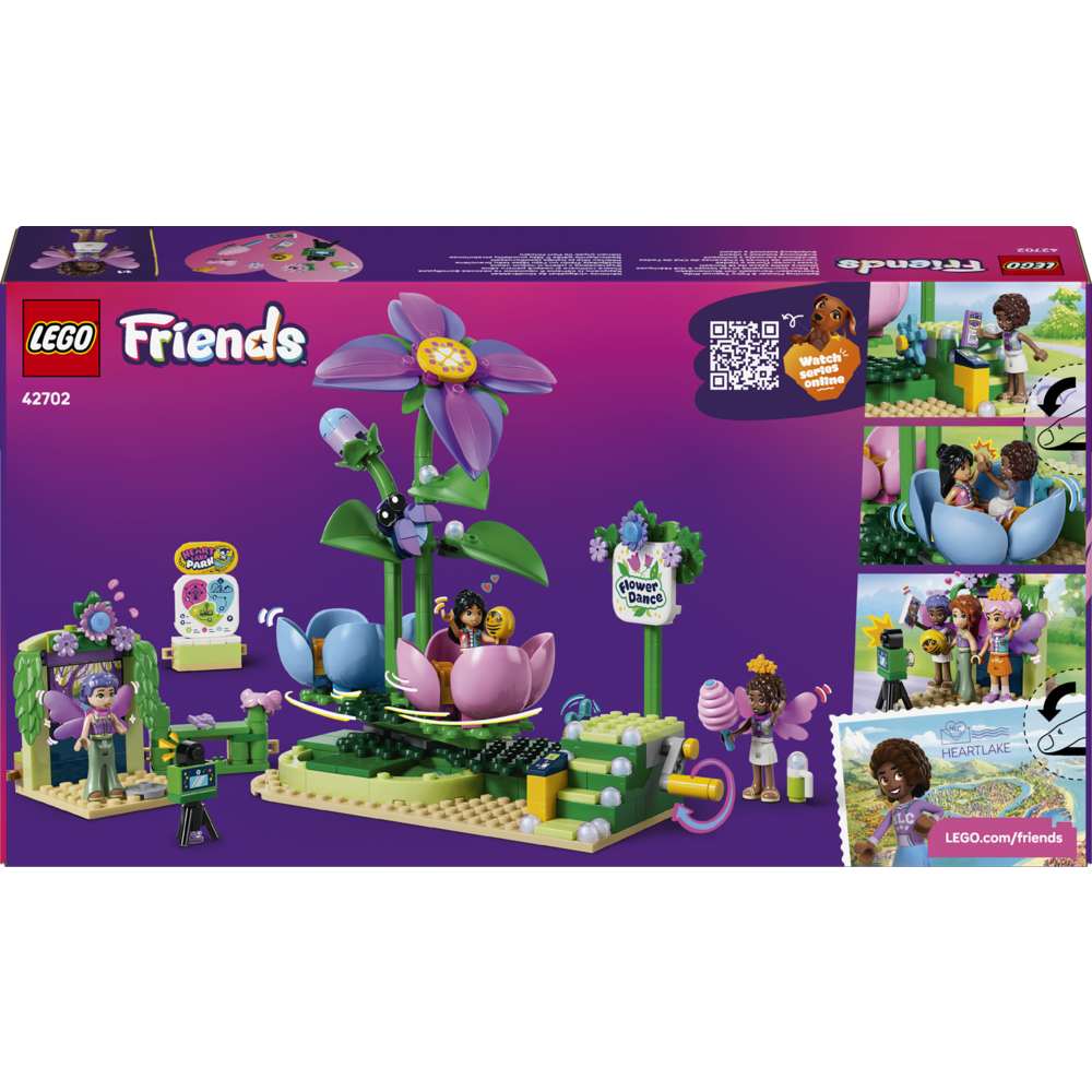 LEGO Friends Spinning Flower & Fairy Teacup Ride 42702 - the back of the box showing play features and box contents. 321 pieces. Ages 7+.