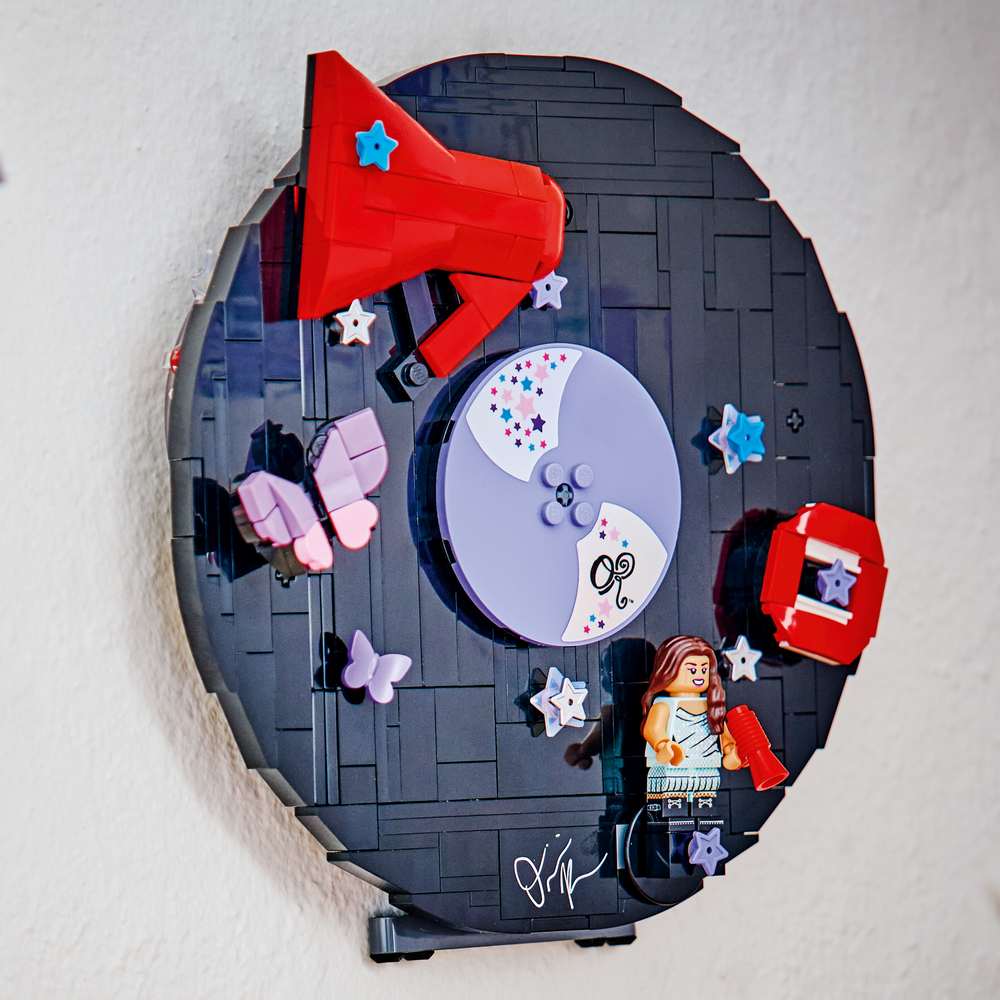 LEGO Editions Music Olivia Rodrigo's Vinyl 43028 - the finished build shown in a home setting. 360 pieces. Ages 10+.