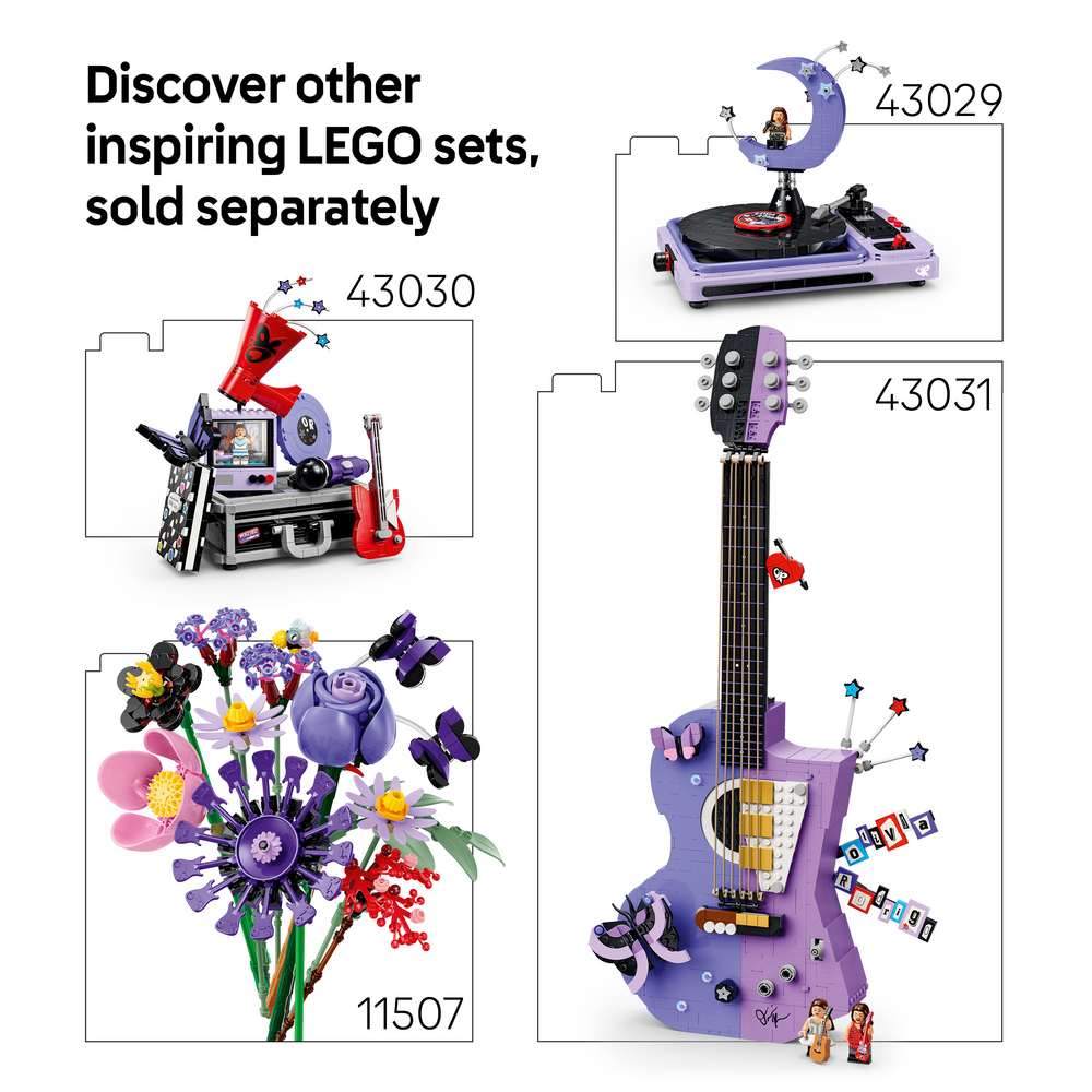 LEGO Editions Music Olivia Rodrigo's Vinyl 43028 - shown alongside related LEGO sets sold separately. 360 pieces. Ages 10+.