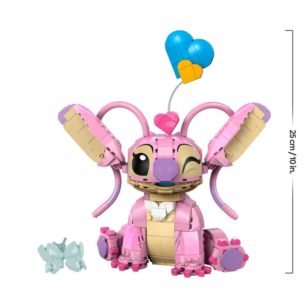 LEGO buildable figure of Angel character in pink and cream colored bricks with articulated ears and arms, blue and yellow balloon accessory, 25cm tall, shown with small blue crystal piece included in set