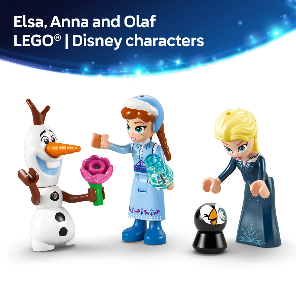 LEGO Disney Frozen characters Elsa, Anna, Olaf and Pabbie minifigures displayed against blue gradient background with sparkling light effects