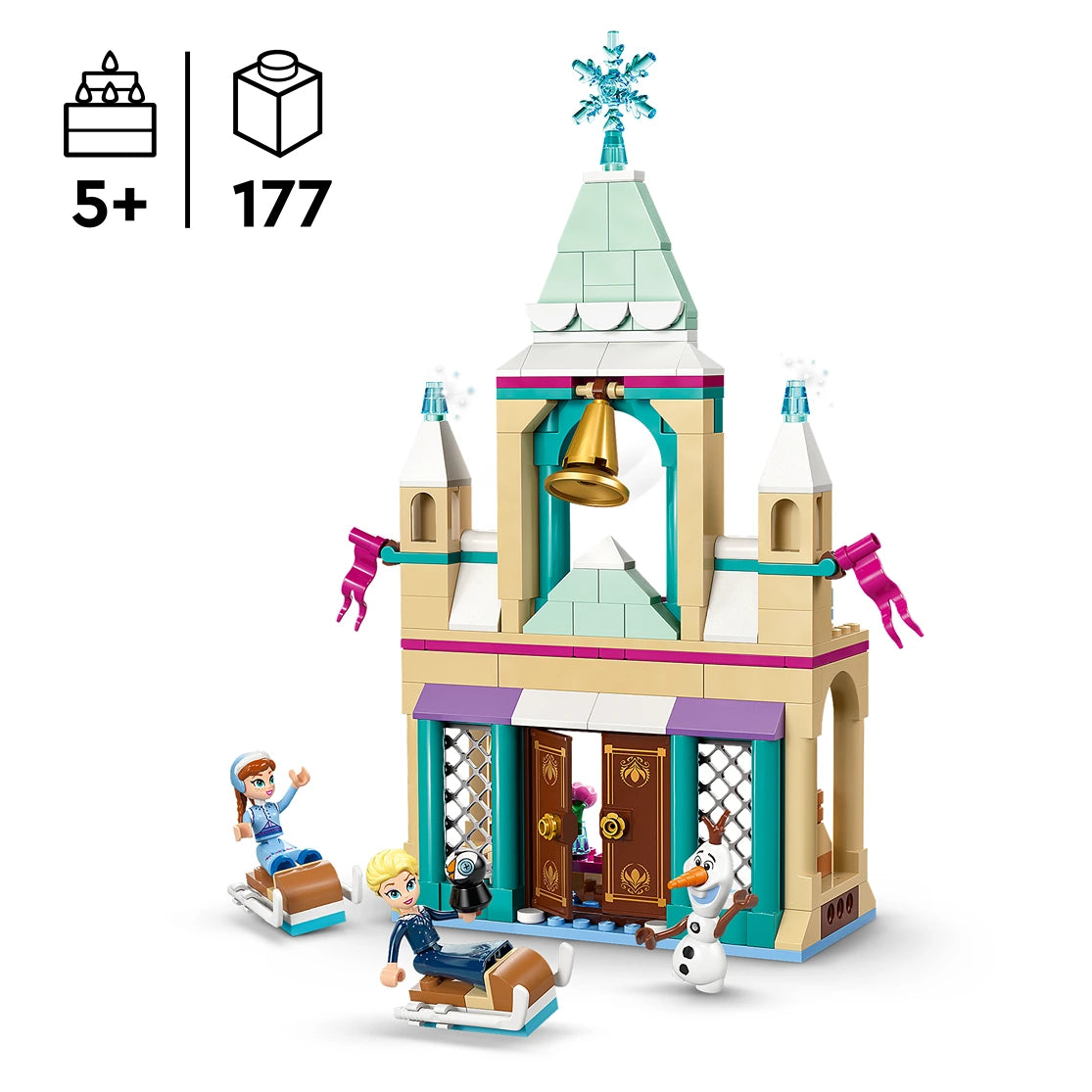LEGO Arendelle Castle set 43265 featuring a detailed turquoise and cream colored palace with golden bell tower, snowflake topper, pink ribbon bows, and minifigures of Elsa, Anna and Olaf with a sled, 177 pieces, recommended for ages 5 and up