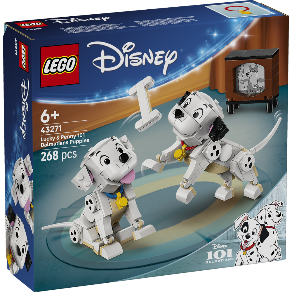 LEGO Disney 43271 Lucky and Penny 101 Dalmatians Puppies set box featuring two white and black spotted dalmatian puppy minifigures with yellow collars, vintage television set with dalmatian animation on screen, against blue and tan background, 268 pieces, ages 6 plus