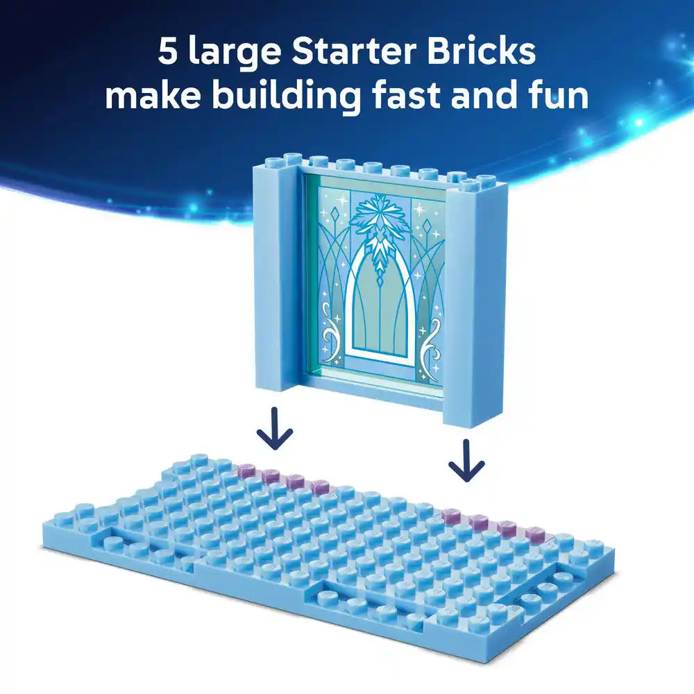 LEGO Elsa's Ice Castle starter brick set showing a large decorative ice-blue panel with snowflake and geometric patterns alongside a flat blue baseplate with studs and purple accent bricks