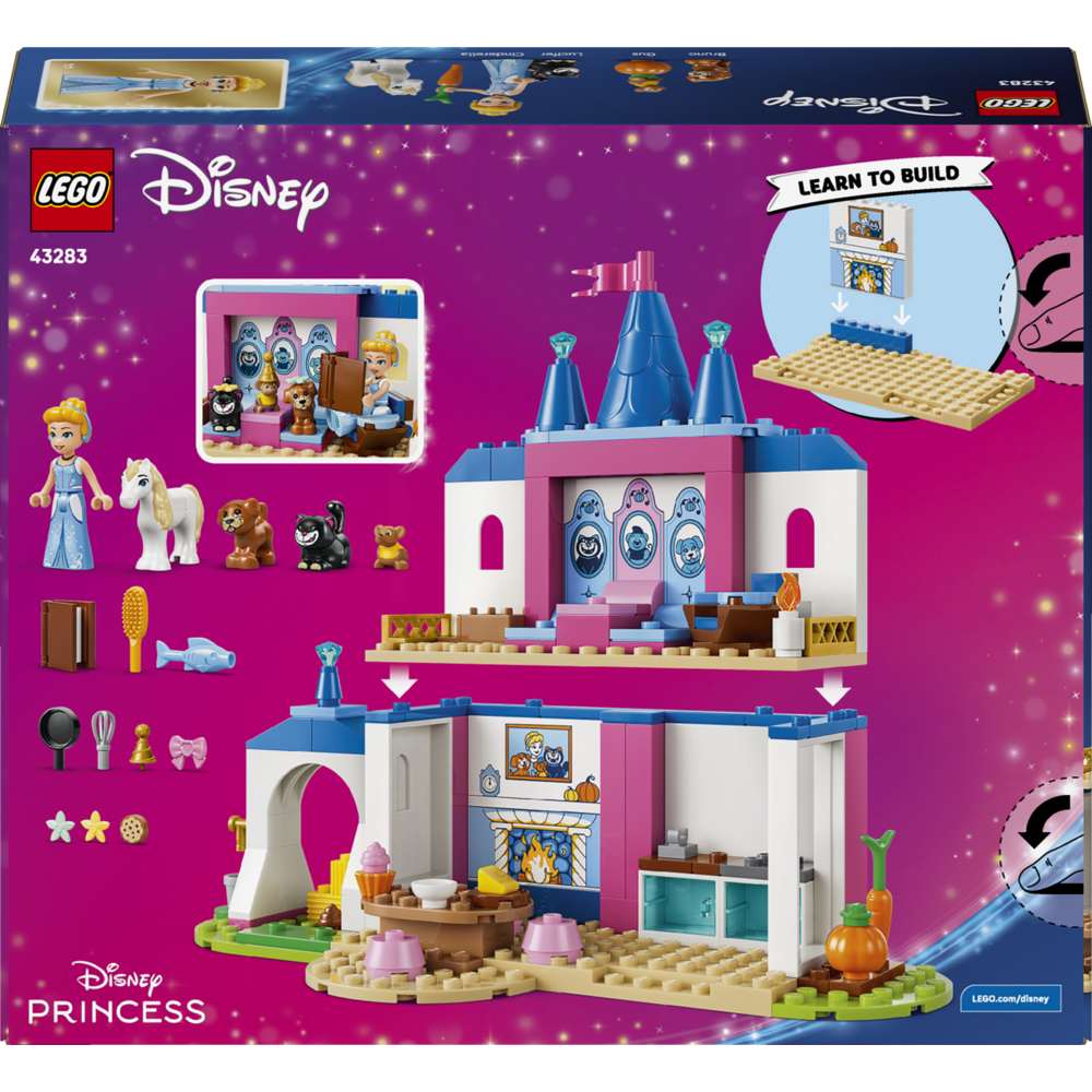 LEGO Disney Princess Cinderella Animal Friends Castle 43283 - the back of the box showing play features and box contents. 149 pieces. Ages 4+.